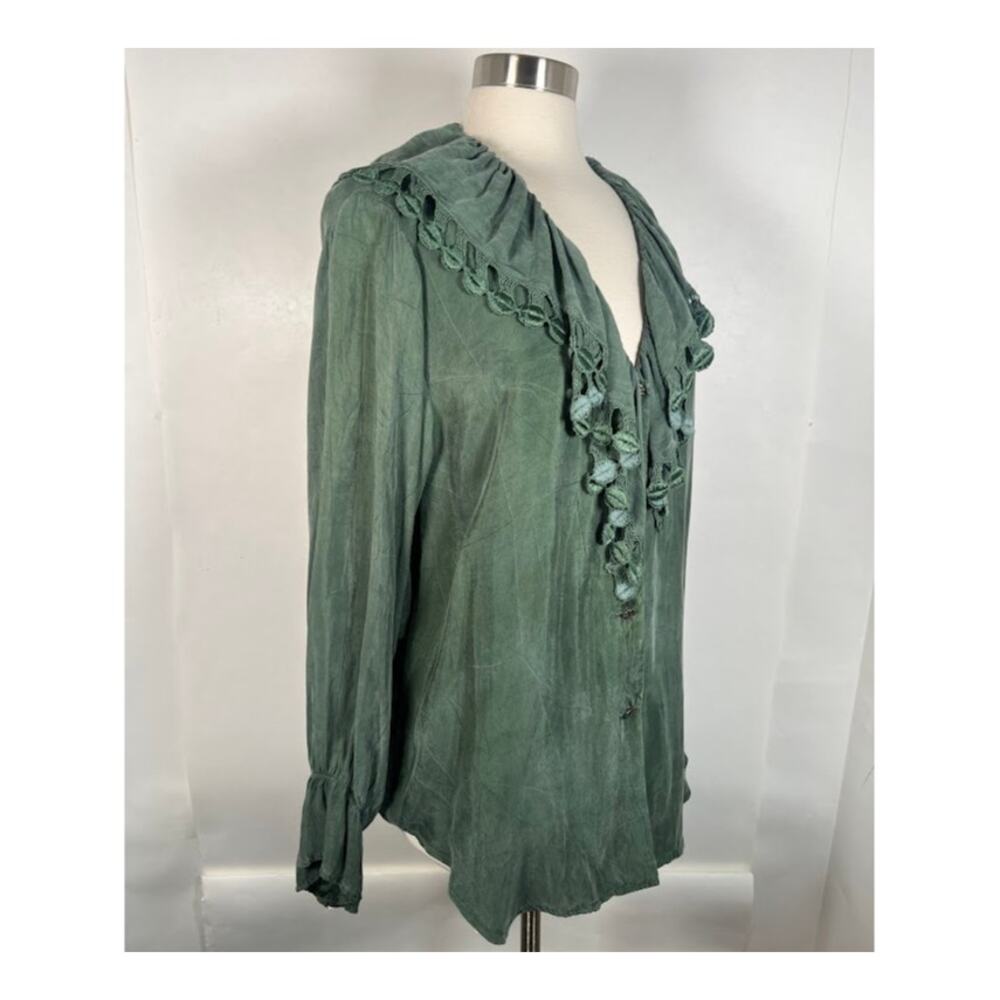 Ann Ferriday Vintage Women's Ruffle Lace Shirt OS Army Green Long Sleeve - Picture 3 of 10